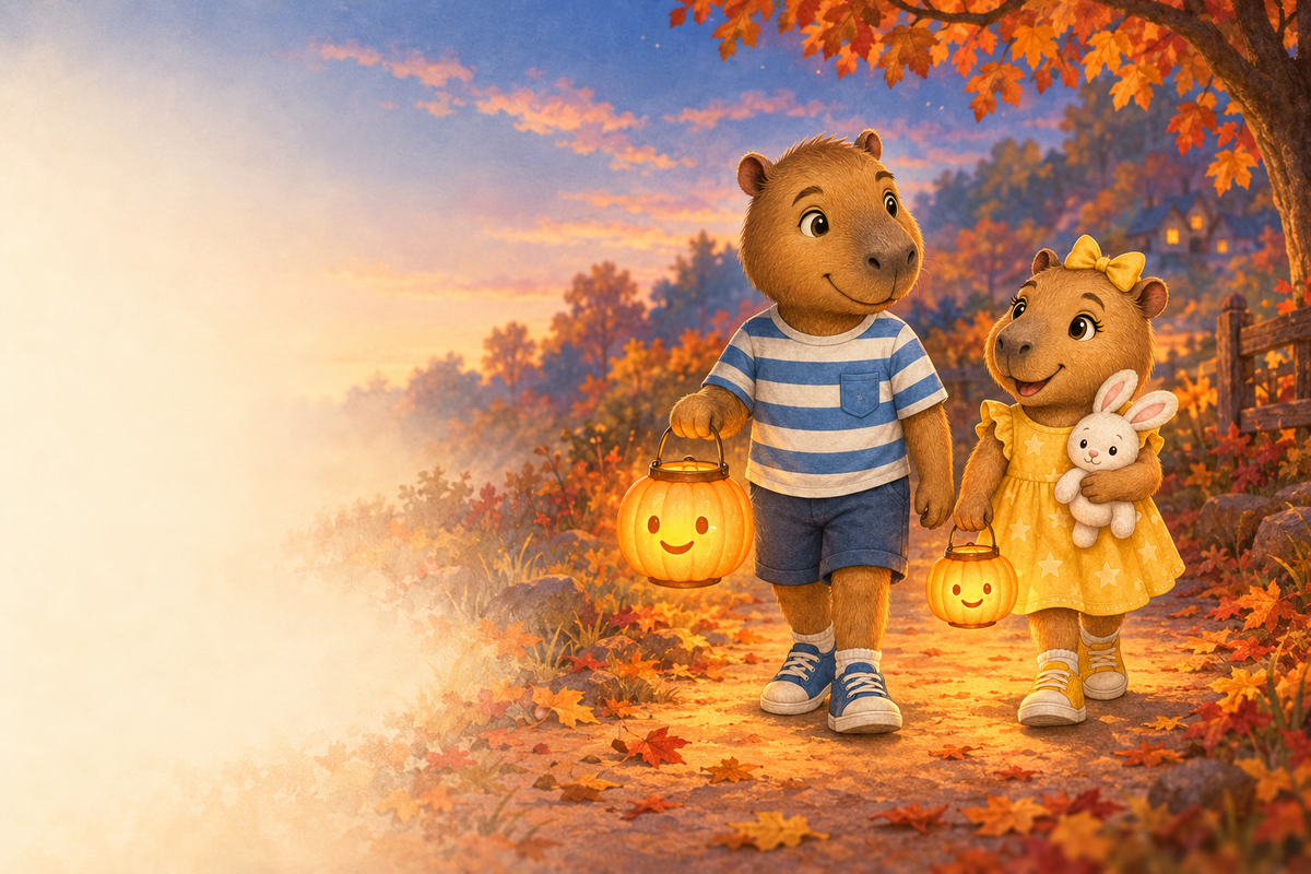 Tavi and Luma carrying smiling pumpkin lanterns, with Bun-Bun, on an autumn path.