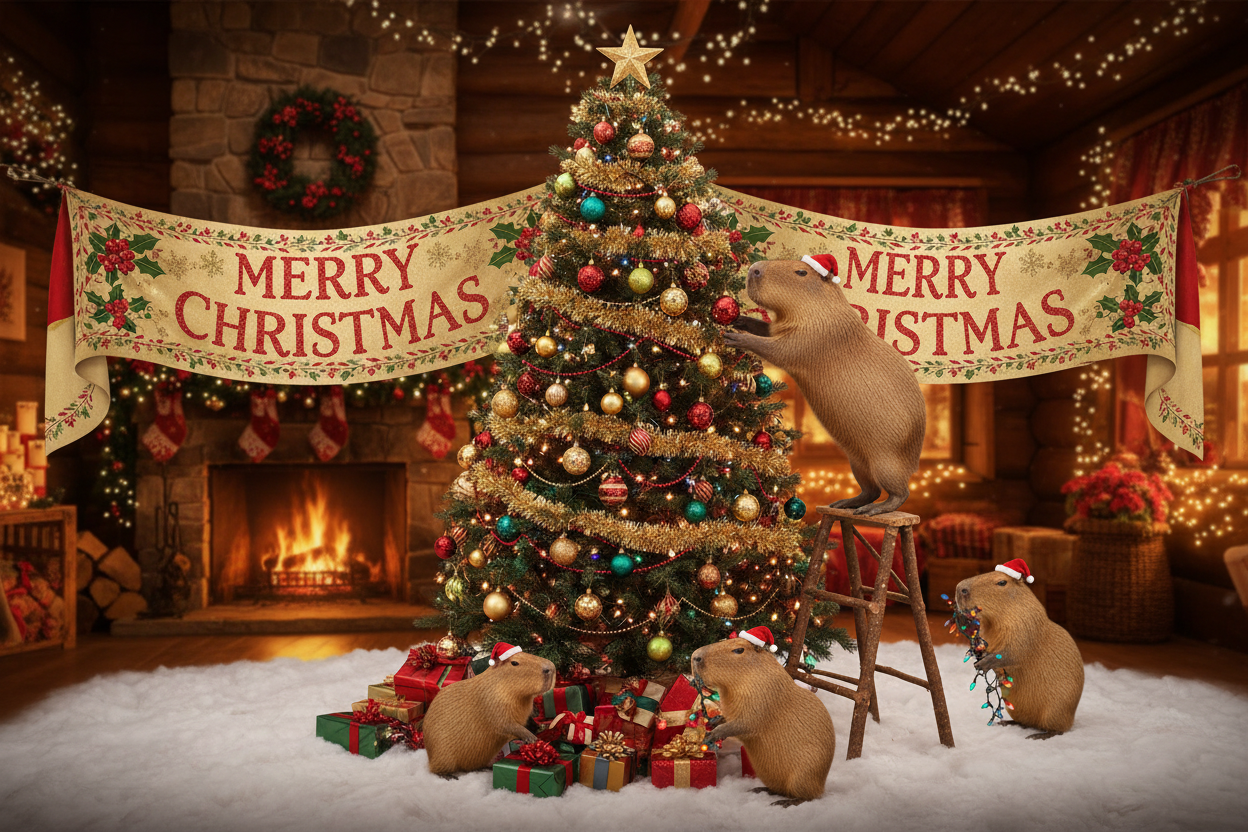Ultra-wide capybara Christmas banner